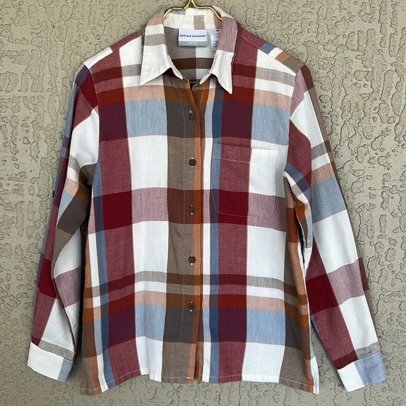 Vintage Alfred Dunner Plaid Button Down Shirt Roll Tab Lightweight Shacket - Picture 2 of 11